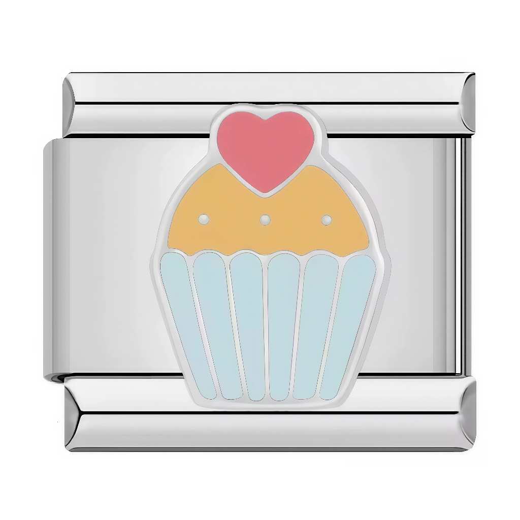Ce charm italien représente un cupcake orange glacé surmonté d'un cœur rose vif et de petites perles, pour une touche gourmande et romantique irrésistible. Son design pastel kawaii en fait un bijou sucré parfait pour les fans de pâtisserie sur un bracelet à charms italien.