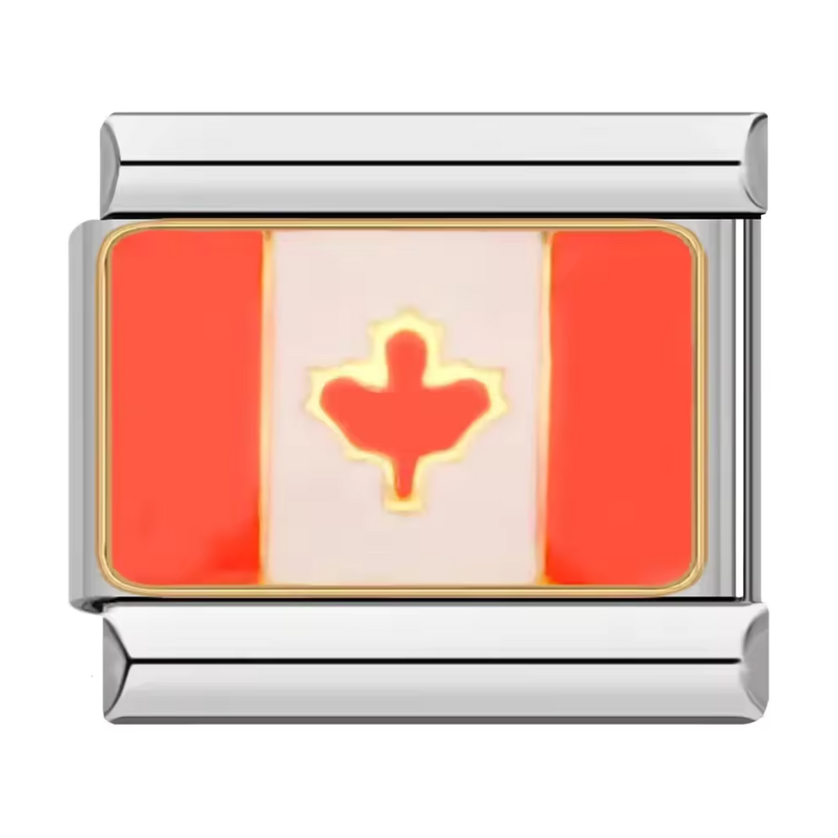 Ce charm italien argenté arbore fièrement le drapeau du Canada, symbole de nature, de diversité et de fierté nationale. Fabriqué en acier inoxydable de haute qualité, il allie robustesse et détails soignés pour un rendu élégant et authentique. Facile à fixer, il s’adapte parfaitement à nos bracelets composés de 17 maillons extensibles et réglables, convenant à toutes les tailles de poignet. Compatible avec tous nos charms italiens
