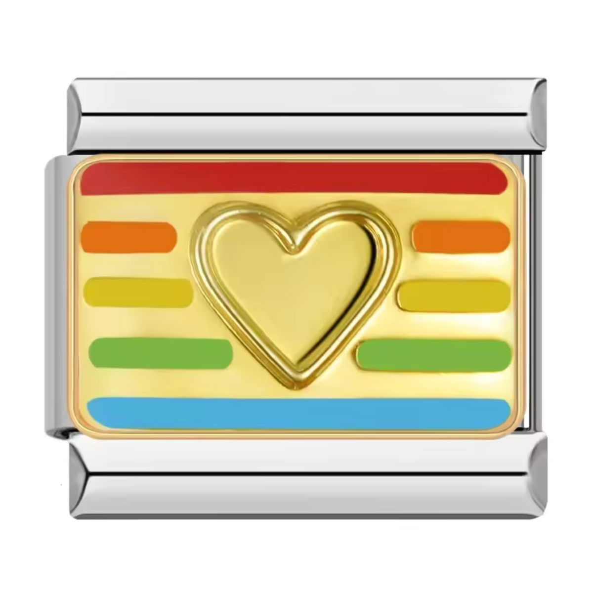 Ce charm italien met en avant le drapeau LGBTQ+ aux couleurs vibrantes, entouré d’un élégant cœur doré, symbole d’amour et de fierté. Fabriqué en acier inoxydable de haute qualité, il allie robustesse et détails colorés pour un rendu moderne et engagé. Facile à fixer, il s’adapte parfaitement à nos bracelets composés de 17 maillons extensibles et réglables, convenant à toutes les tailles de poignet. Compatible avec tous nos charms italiens