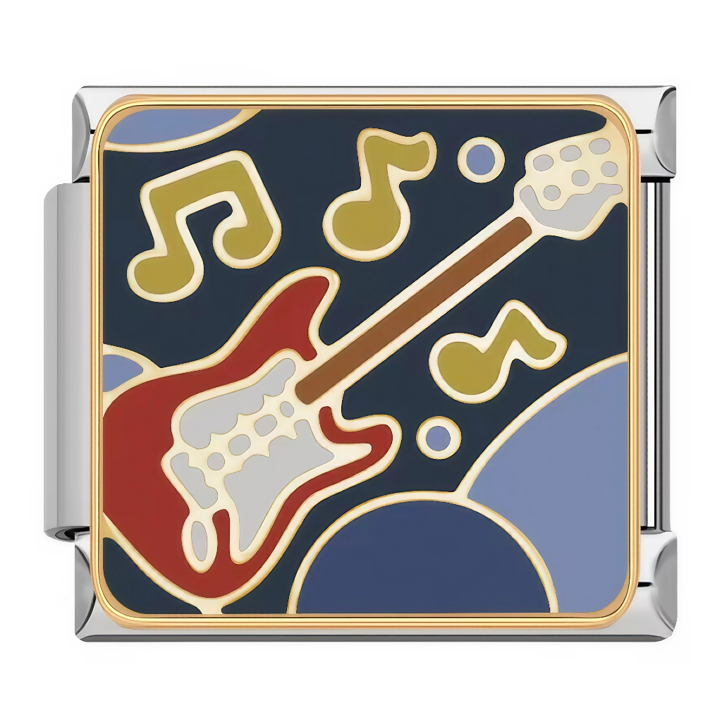 Ce charm italien expose une guitare électrique rouge avec micro blanc, entourée de notes de musique jaunes et éléments bleus abstraits sur fond bleu nuit rock'n'roll. Idéal pour les guitaristes et fans de musique qui veulent amplifier leur style sur un bracelet à charms italien.