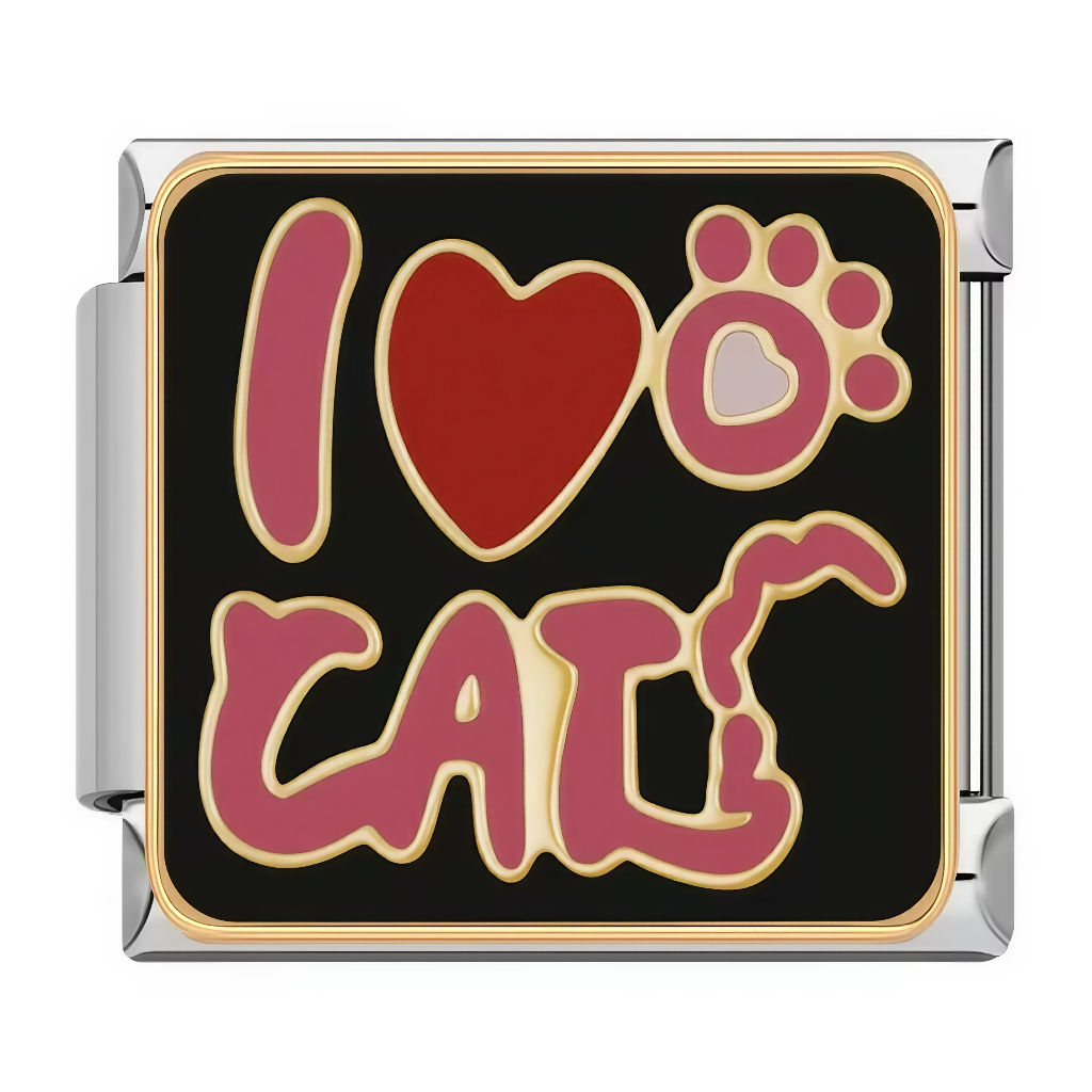 Ce charm italien affiche "I Love Cats" avec une patte de chat noire texturée, un cœur rose entouré de petits cœurs sur fond noir élégant et lettres roses stylisées évoquant l'affection pour les félins. Parfait pour les amoureux des chats souhaitant exprimer leur passion sur un bracelet à charms italien.