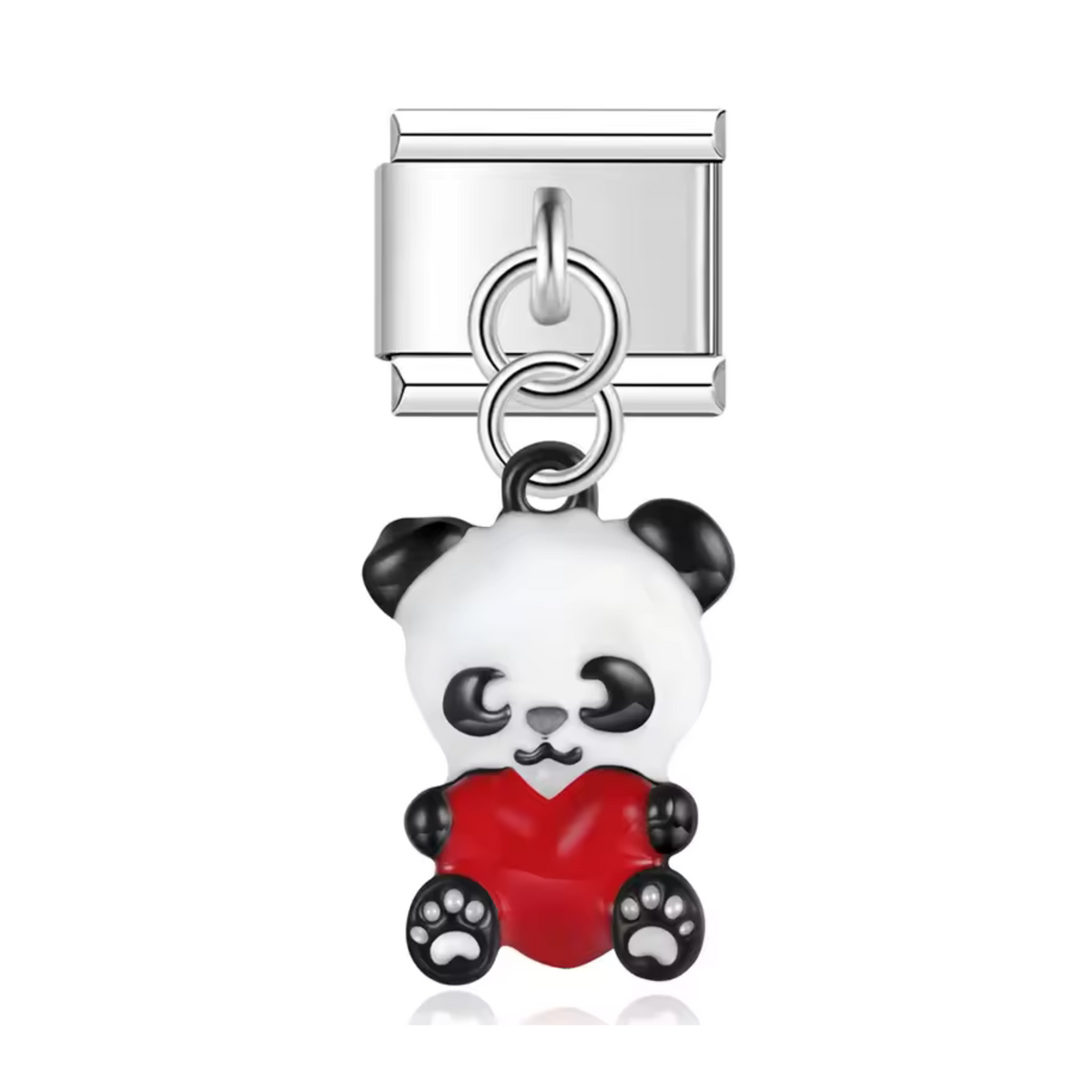 Ce charm italien en pendentif argenté représente un adorable panda assis tenant un cœur rouge, symbole d’amour et de tendresse. Son design soigné et ses détails colorés apportent une touche chaleureuse et affectueuse à votre bracelet. Facile à fixer, il s’adapte parfaitement à nos bracelets composés de 17 maillons extensibles et réglables, convenant à toutes les tailles de poignet. Compatible avec tous nos charms italiens, ce bijou est idéal pour personnaliser votre bracelet avec une note pleine d’affection