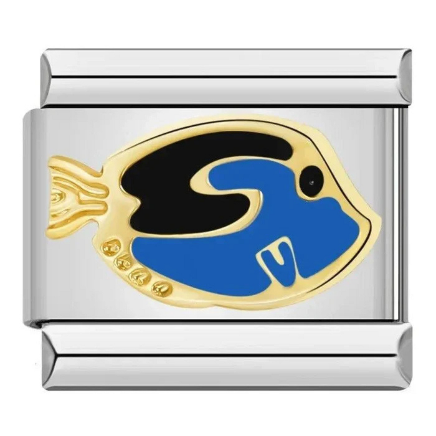 Ce charm italien argenté est orné d’un poisson aux détails bleus et noirs, parfait pour apporter une touche marine et élégante à votre bracelet. Fabriqué en acier inoxydable de haute qualité, il allie robustesse et finesse des finitions pour un rendu original et raffiné. Facile à fixer, il s’adapte parfaitement à nos bracelets composés de 17 maillons extensibles et réglables, convenant à toutes les tailles de poignet. Compatible avec tous nos charms italiens, ce bijou coloré est idéal pour personnaliser vot
