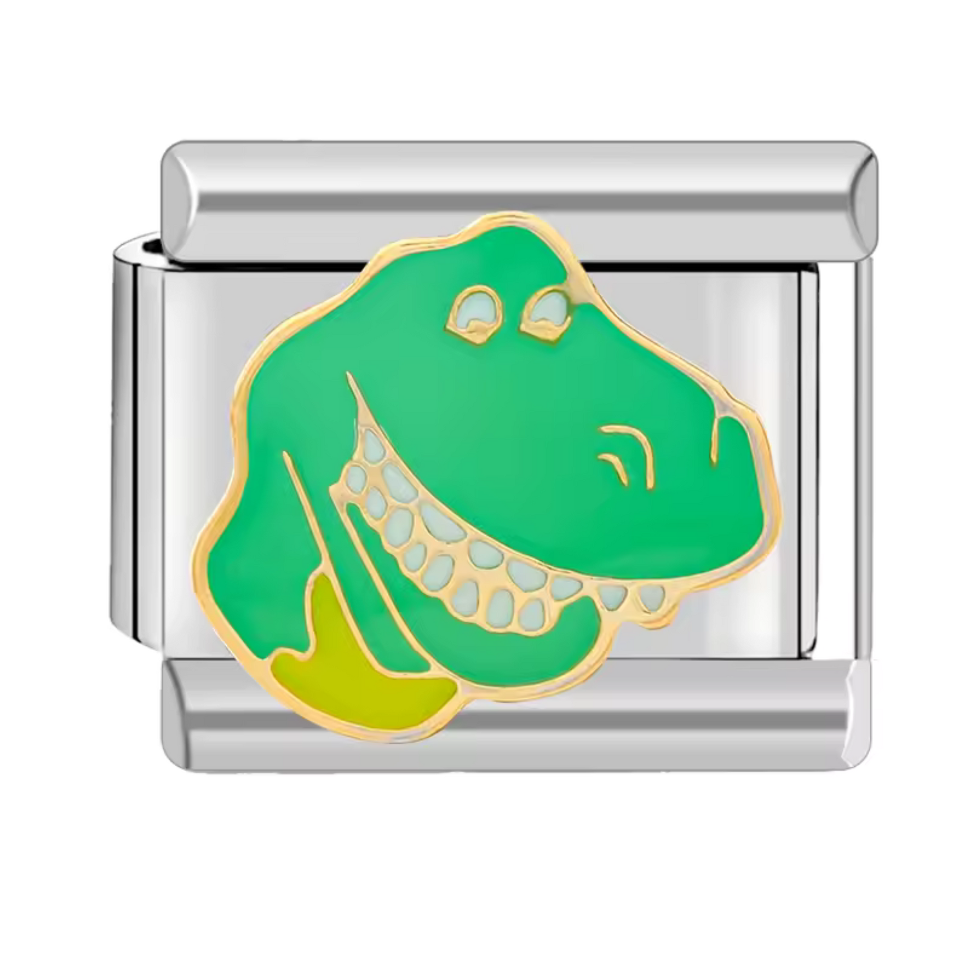 Ce charm italien amusant représente Rex, le dinosaure vert adorablement maladroit de l’univers Toy Story. Confectionné en acier inoxydable argenté de haute qualité, il séduit par ses détails soignés et sa finition brillante qui raviront les fans de la saga Pixar. Facile à fixer, il s’intègre parfaitement à nos bracelets composés de 17 maillons extensibles et réglables, adaptés à tous les poignets. Compatible avec tous nos charms italiens, ce bijou est idéal pour apporter une touche ludique et attachante à v