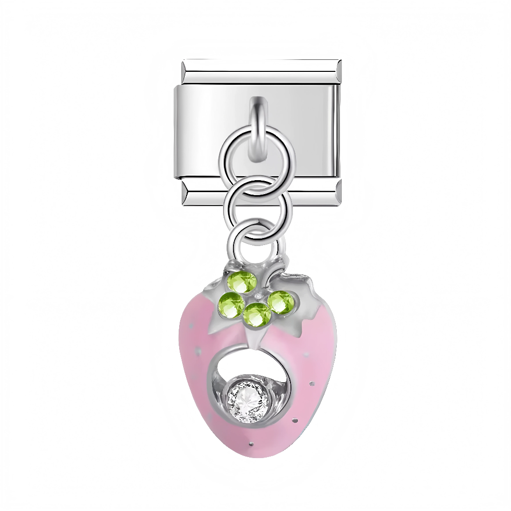 Ce charm italien pendentif présente une fraise rose tendre et brillante, ornée de feuilles vertes cristallines, d'un cœur central percé et d'un cristal étincelant, capturant toute la gourmandise fruitée et joyeuse. Parfait pour les gourmands et fans de motifs kawaii qui veulent sucrer leur bracelet à charms italien d'une touche mignonne et irrésistible.