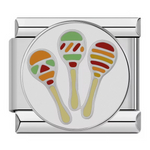Ce charm italien affiche&nbsp;trois maracas multicolores (orange, rouge, verte) avec manches beiges, disposées en cercle sur fond blanc. Ce motif festif est parfait pour les amateurs de musique latine ou de fêtes qui veulent du rythme sur leur bracelet à charms italien.