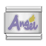 Ce charm italien affiche le mot&nbsp;“Angel”&nbsp;en violet doux, dans une écriture fluide, accompagné d’une petite auréole jaune stylisée au‑dessus des dernières lettres. Il est parfait pour symboliser une personne “ange gardien”, un caractère doux ou un lien spirituel sur un bracelet à charms italien.
