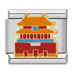 Ce charm italien représente une pagode chinoise traditionnelle avec toits courbés orange, piliers rouges et détails bleus. Ce symbole asiatique est idéal pour les amateurs de culture chinoise ou de voyages qui veulent exotisme sur leur bracelet à charms italien.
