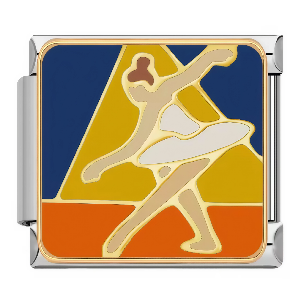 Ce charm italien illustre une&nbsp;danseuse de ballet en tutu blanc, bras levés en arabesque sur pointes, sur fond bleu marine et jaune-orangé. Ce motif gracieux est idéal pour les passionnées de danse classique qui veulent élégance et mouvement sur leur bracelet à charms italien.