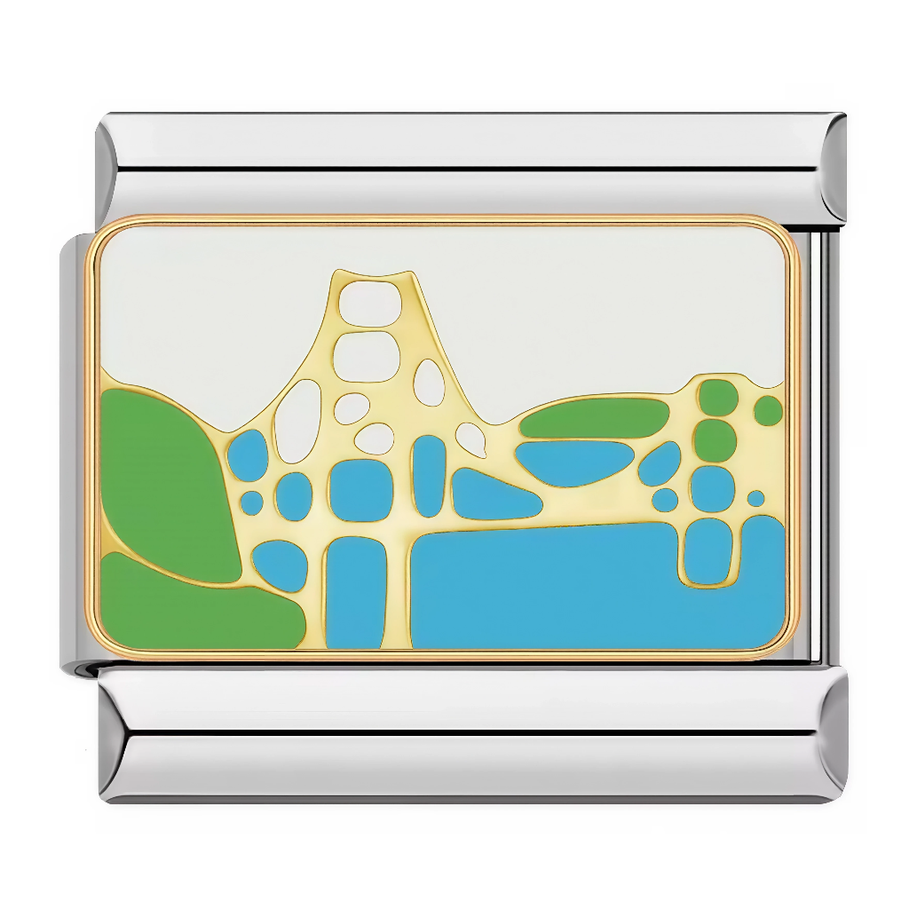 Ce charm italien illustre le&nbsp;pont Golden Gate jaune-or suspendu au-dessus d’une baie bleue, encadré de collines vertes sur fond blanc. Ce symbole de San Francisco est idéal pour les voyageurs ou californiens qui veulent dynamisme urbain sur leur bracelet à charms italien.