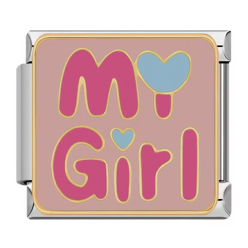 Ce charm italien affiche l’expression&nbsp;“My Girl” en lettres rose bonbon, avec deux petits cœurs bleu pastel, sur un fond vieux rose bordé de doré. Il est parfait pour représenter une fille, une petite amie ou une personne précieuse, à porter ou à offrir sur un bracelet à charms italien.