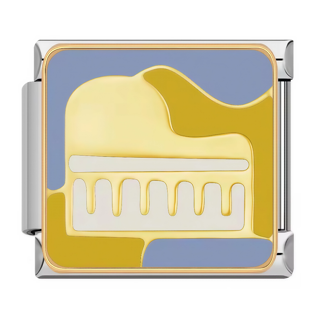Ce charm italien dépeint un piano avec touches blanches et noires en vue de dessus, corps jaune-or sur fond bleu-violet. Ce motif musical est idéal pour les mélomanes ou pianistes qui veulent exprimer leur passion sur un bracelet à charms italien.
