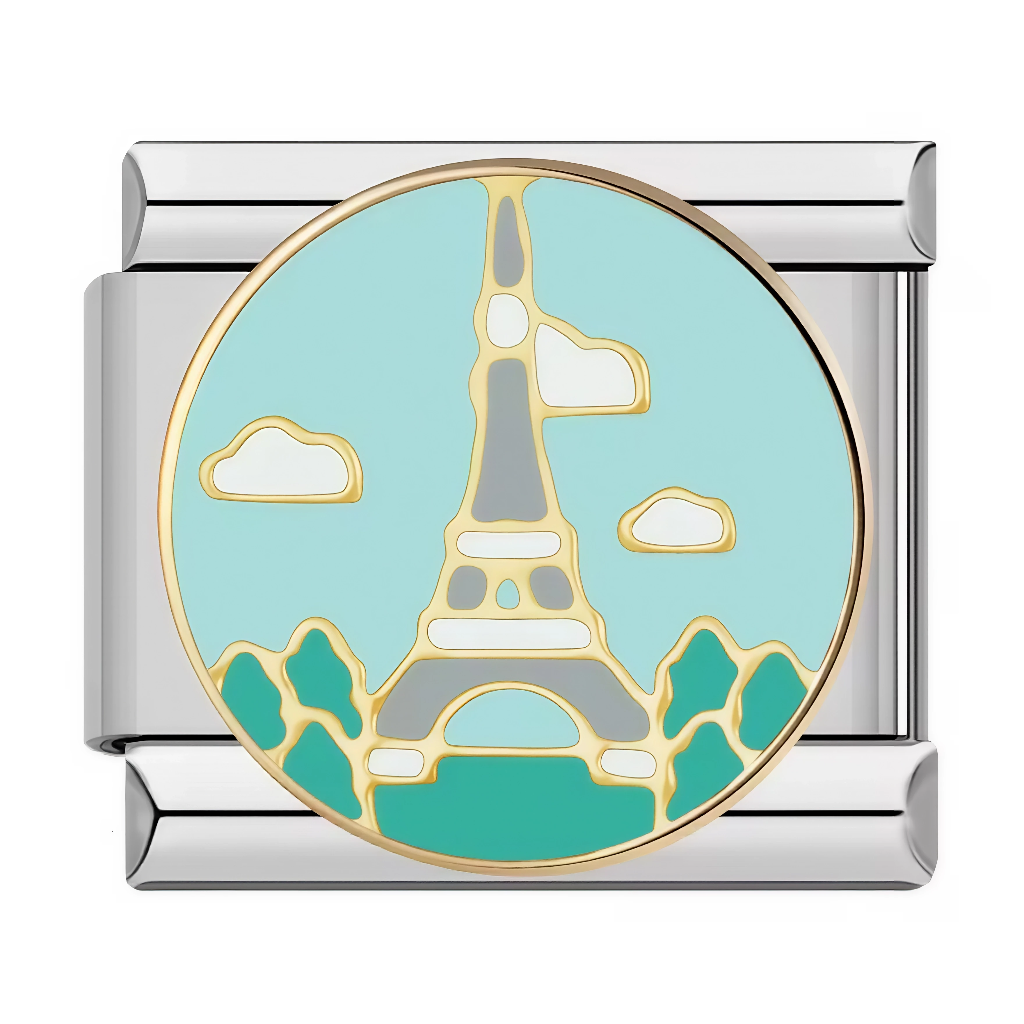Ce charm italien présente la Tour Eiffel grise sous un ciel turquoise clair avec nuages blancs et arbres verts en bas. Ce paysage parisien est parfait pour les voyageurs ou fans de France qui veulent un icône romantique sur leur bracelet à charms italien.
