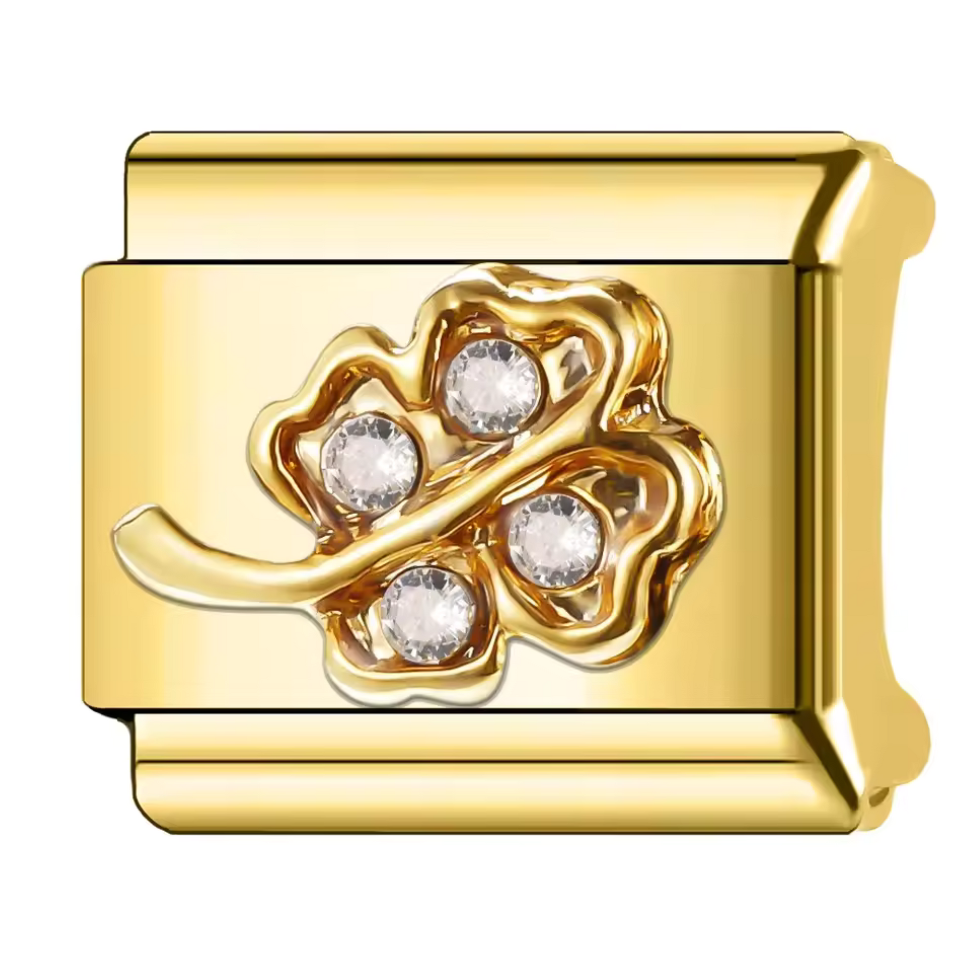 Ce charm italien doré, en forme de trèfle à 4 feuilles, est orné d’une pierre brillante délicatement incrustée dans chaque feuille. Fabriqué en acier inoxydable de haute qualité avec un revêtement doré élégant, il allie résistance et raffinement. Facile à fixer, il s’adapte parfaitement à nos bracelets composés de 17 maillons de charms, qui s’étendent et se contractent pour un ajustement idéal à votre poignet. Tous nos charms italiens sont compatibles entre eux, vous permettant de personnaliser votre bijou 
