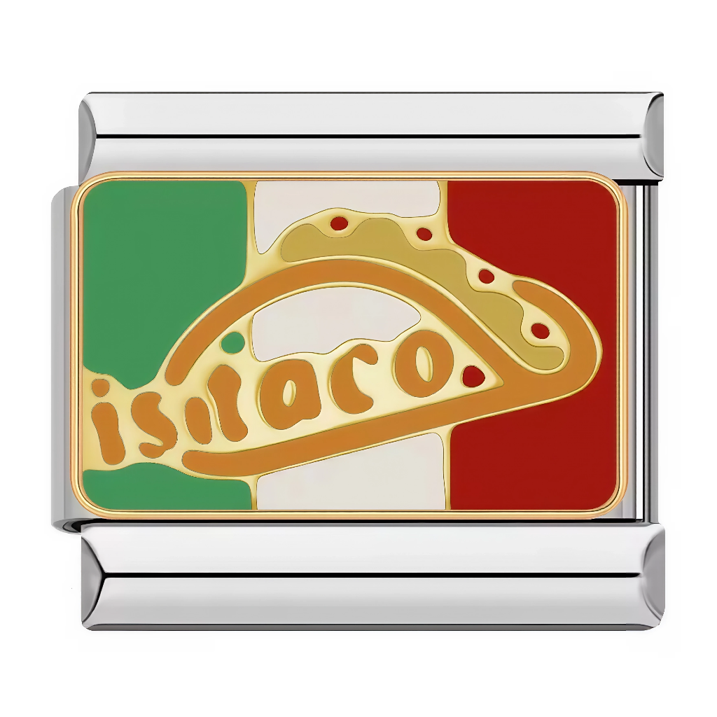 Ce charm italien présente une pizza "Isnaroco" stylisée sur fond aux couleurs du drapeau mexicain (vert, blanc, rouge), avec une part orangée courbée au fromage fondu et points verts évoquant des saveurs épicées. Parfait pour les fans de pizza fusion italo-mexicaine qui veulent ajouter une touche gourmande et patriotique à leur bracelet à charms italien.