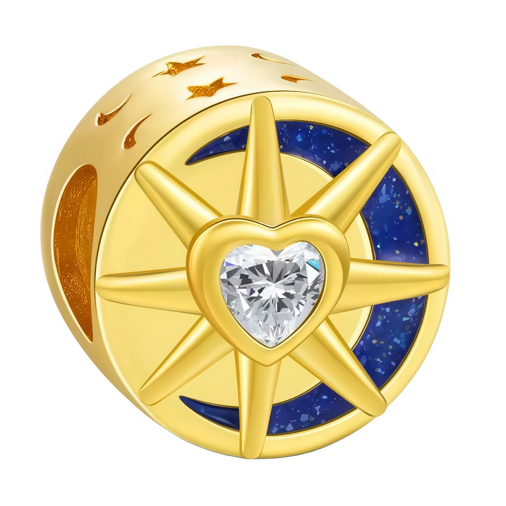 Ce charm en argent 925 pur capture une lune bleue étoilée entourant un soleil rayonnant avec cœur zircon au centre. Il symbolise équilibre cosmique, rêves stellaires et lumière intérieure magique.

Caractéristiques

Matière : Argent 925, émail bleu nuit, zircon clair central.
Design : Rond ajouré, étoiles papillons gravés délicats.
Compatibilité : Charm pour bracelets européens sécurisé.