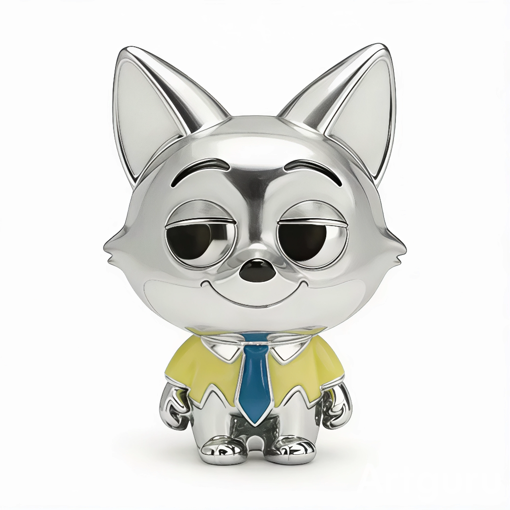 Ce charm pendentif sophistiqué représente Nick, un renard charismatique au pelage chromé argenté brillant, avec un sourire malicieux et des yeux mi-clos expressifs. Il porte une chemise jaune vif aux bords ondulés, une cravate bleue élégante et se tient debout sur une base stable, capturant son allure décontractée et rusée. L’anneau supérieur rond permet une fixation fluide sur les bracelets.