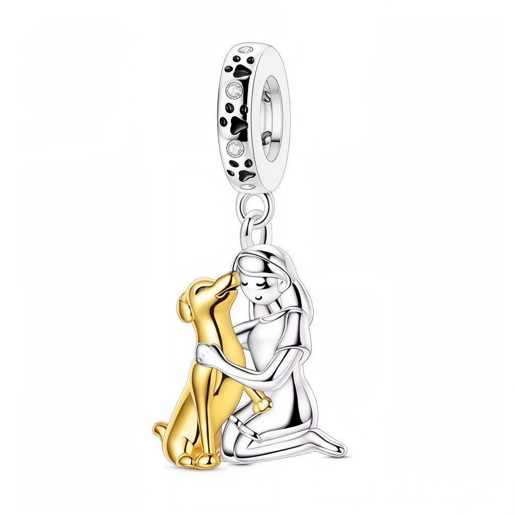 Ce charm capture la complicité unique entre un humain et son compagnon à quatre pattes. La silhouette épurée de la jeune femme en argent poli enlace un chien doré lumineux, symbole de loyauté et de joie. La bélière finement travaillée, ponctuée d’empreintes de pattes et de pierres claires, ajoute une touche scintillante. Idéal pour célébrer l’adoption, un souvenir de balade ou simplement l’amour animal, il s’intègre parfaitement à un bracelet à thème famille, nature ou animaux.