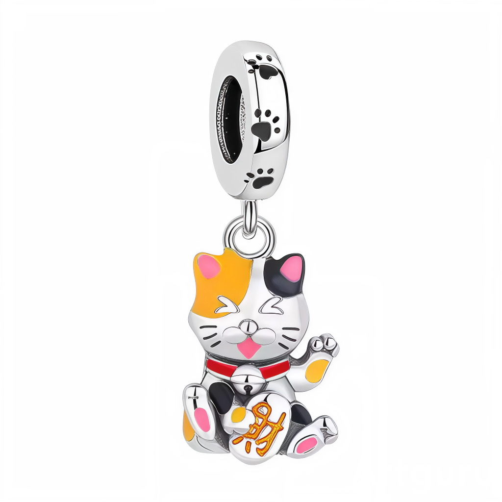 Ce charm met&nbsp;à l’honneur le&nbsp;célèbre chat&nbsp;porte‑bonheur&nbsp;japonais dans&nbsp;une version calico éclatante: taches orange, noires et blanches en émail, petites coussinets roses et&nbsp;collier rouge&nbsp;avec grelot pour&nbsp;une note festive. La bélière décorée d’empreintes&nbsp;de pattes renforce l’esprit&nbsp;félin, tandis&nbsp;que le kanji&nbsp;doré sur la pièce&nbsp;symbolise l’abondance et l’optimisme. Parfait pour un thème&nbsp;chance, Japon&nbsp;ou animaux, il&nbsp;illumine un look&n