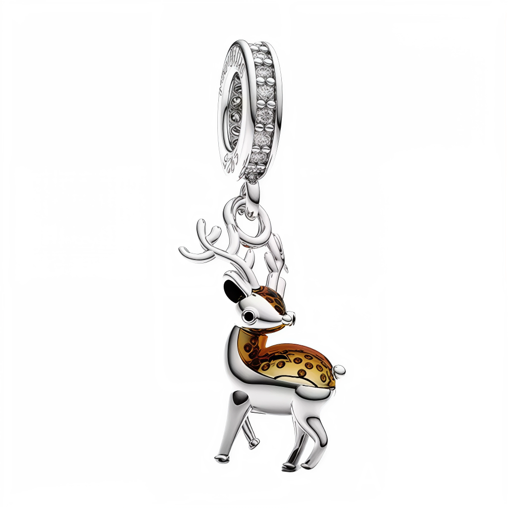 Ce pendentif capture la poésie des forêts avec une silhouette de daim finement sculptée en argent, dont le dos ambré transparent laisse jouer la lumière comme une feuille dorée d’automne. Les courbes douces des bois et les pattes élancées apportent une sensation de mouvement, tandis que la bélière pavée de cristaux rehausse l’ensemble d’un scintillement raffiné. Idéal pour un thème nature, hiver ou féérique, il apporte douceur, grâce et luminosité à tout bracelet ou collier.