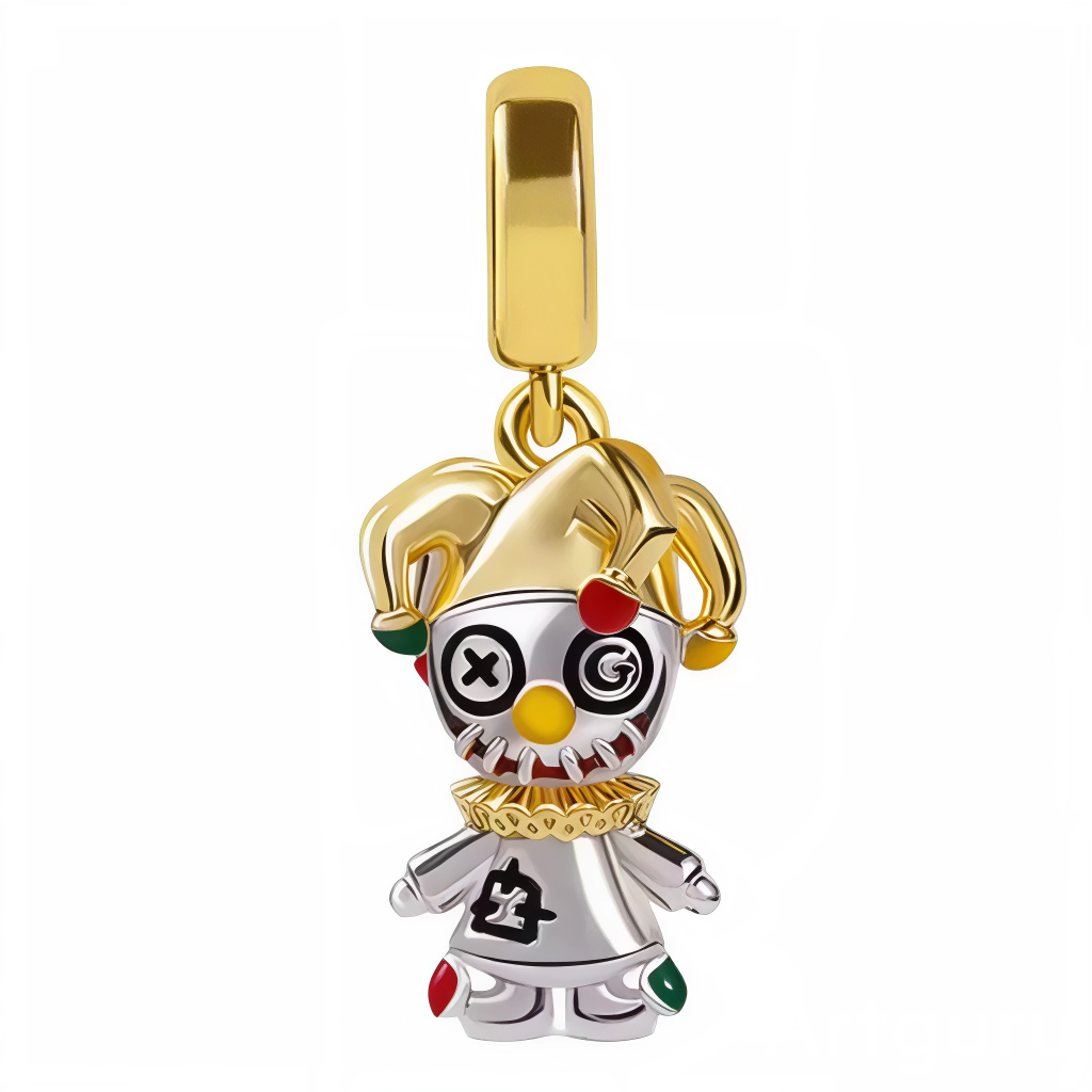 Ce charm revisite la figure du joker de scène avec un style pop : bonnet d’arlequin doré agrémenté d’embouts rouge et vert, collerette texturée et tenue bicolore. Le visage expressif joue sur les codes du cirque et du carnaval avec un œil bouton et un œil spirale, pour une allure malicieuse. Une pièce lumineuse qui attire l’œil, parfaite pour un thème fête, casino, théâtre ou collection décalée.