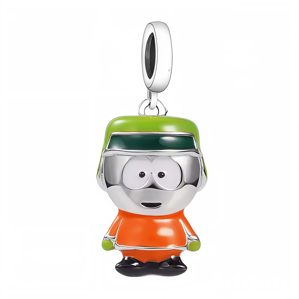 Ce pendentif capture l’allure iconique de Kyle avec sa chapka vert vif, sa veste orange lustrée et son expression malicieuse. Les finitions argentées apportent relief et brillance autour du visage, tandis que les gants verts et les chaussures noires complètent une silhouette fidèle et pleine de caractère. Idéal pour un thème séries cultes, il ajoute une note fun et immédiatement reconnaissable à une composition South Park.
