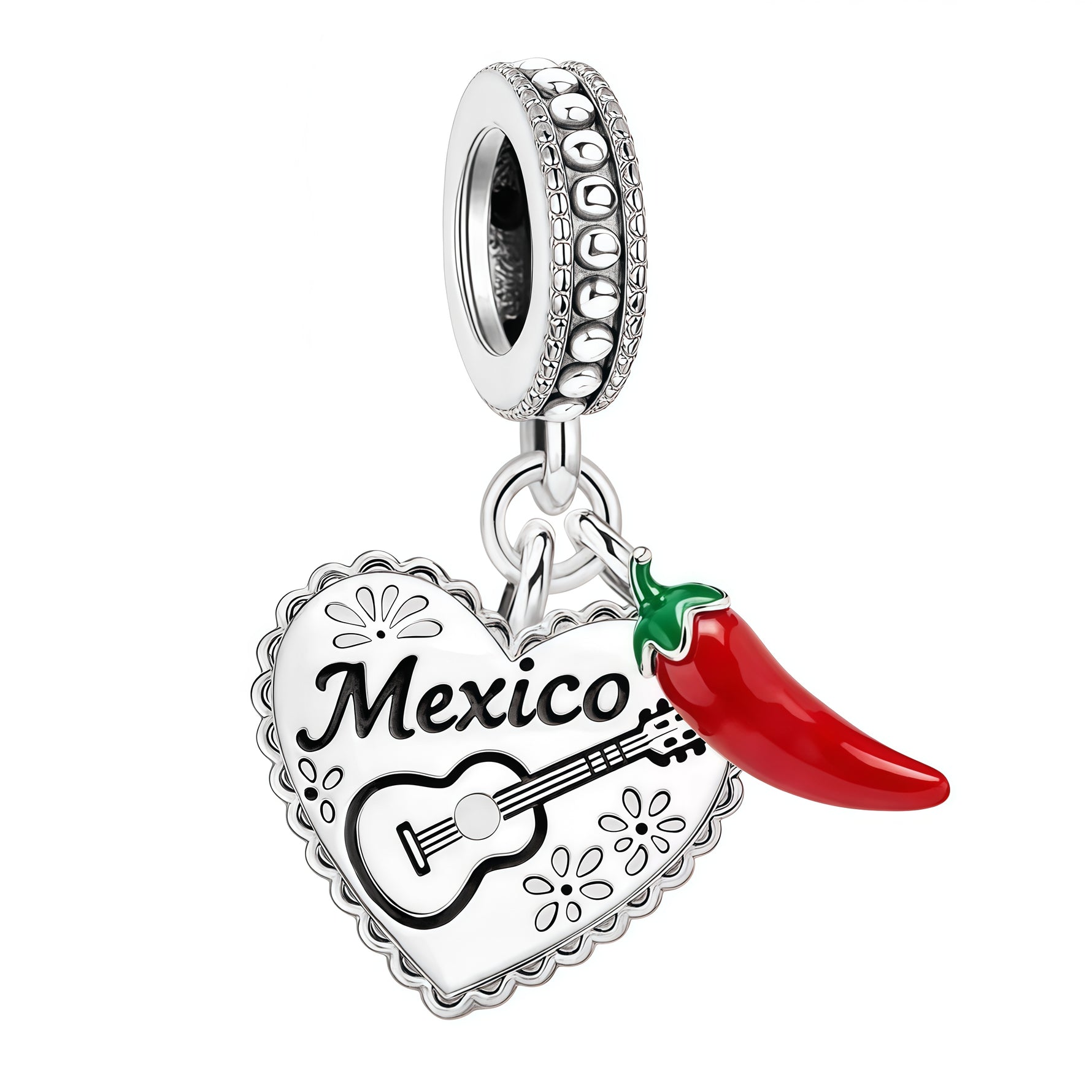 Apporte une touche colorée et chaleureuse à ton bracelet avec ce charm inspiré du Mexique. Son design en forme de cœur, accompagné d’un petit piment rouge et de l’inscription “Mexico”, évoque la culture, la fête et l’énergie vibrante du pays. Un bijou original et plein de caractère, parfait pour les amoureux de voyage et d’accessoires symboliques.

Caractéristiques :

-&nbsp;Matière : Argent 925.
-&nbsp;Design : Charm Mexico en forme de cœur avec piment rouge et détails décoratifs.
-&nbsp;Dimensions : Taill