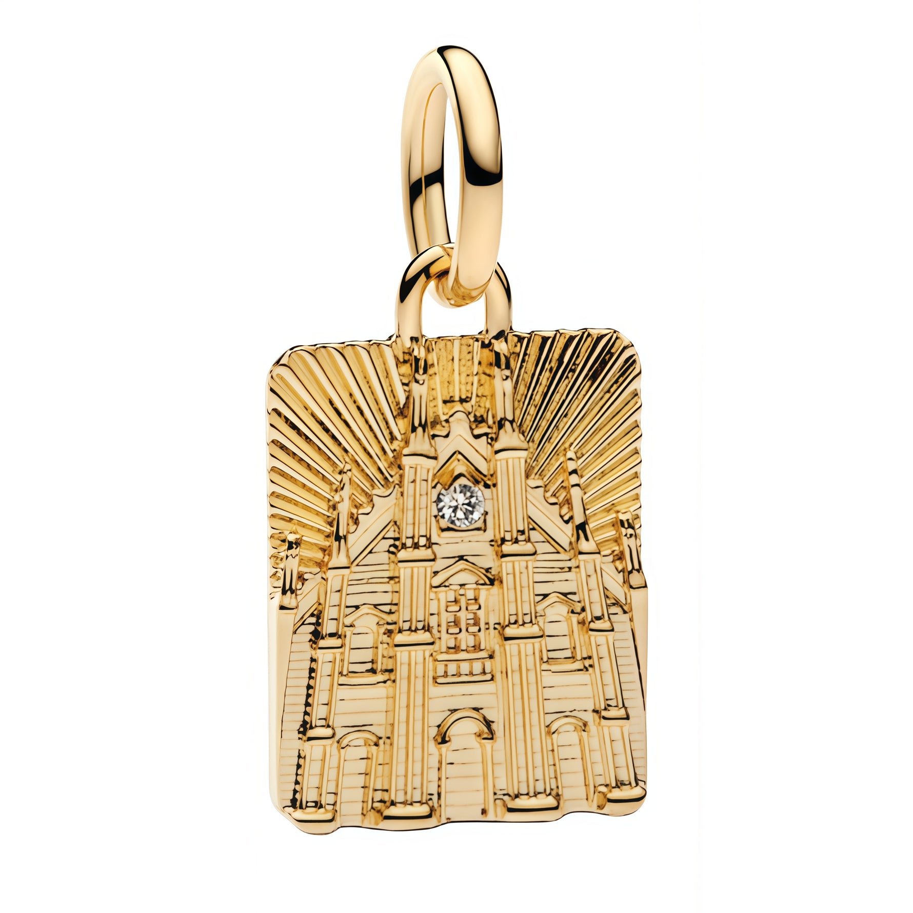 Charm pendentif élégant représentant le célèbre Duomo de Milan, avec un design architectural finement détaillé et une finition dorée lumineuse. Son style raffiné et intemporel en fait un bijou original, parfait pour les amateurs de voyage, d’art et de monuments emblématiques.

Caractéristiques :

- Matière : Argent 925.
- Design : Duomo de Milan avec gravures architecturales et pierre centrale.
- Style : Voyage, culturel et sophistiqué.
- Symbolique : Milan, patrimoine, art et découverte.
- Compatibilité : 
