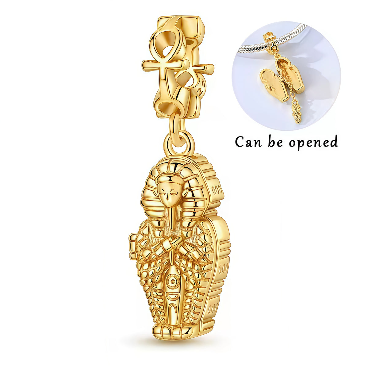 Charm pendentif majestueux représentant un pharaon égyptien dans un sarcophage richement décoré, accompagné de symboles inspirés de l’Égypte antique. Finement travaillé en argent 925 avec une finition dorée, ce pendentif offre un design détaillé et mystérieux, idéal pour les amateurs d’histoire et de mythologie égyptienne.

Caractéristiques :

- Matière : Argent 925.
- Design : Pharaon égyptien représenté dans un sarcophage orné de détails antiques.
- Style : Égyptien, majestueux, mystérieux et raffiné.
- S