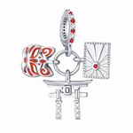Ce charm pendentif s’inspire de l’esthétique japonaise et réunit trois symboles forts autour d’un anneau central en argent sterling, pour un look graphique et raffiné. À gauche, un masque de renard stylisé façon kitsune, ajouré et rehaussé d’un émail rouge lumineux, évoque les légendes et festivals traditionnels. Au centre, un élégant torii en argent se dresse comme une petite porte de sanctuaire, symbole de passage et d’ouverture vers un nouveau chapitre de vie. À droite, un pendentif rectangulaire strié d