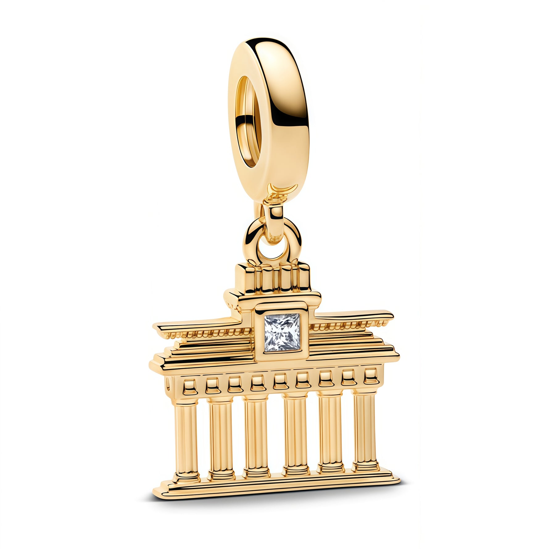 Charm Porte de Brandebourg en argent 925, inspiré du célèbre monument historique allemand. Son design architectural finement détaillé met en valeur les colonnes emblématiques et la structure classique de la porte, rehaussée d’un oxyde de zirconium clair au centre pour une touche lumineuse et élégante. Compatible avec les bracelets de type Pandora, il se glisse facilement sur la plupart des bracelets à maillons ou rigides pour apporter une note raffinée et symbolique à votre composition.