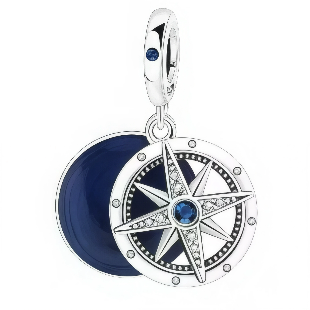Ce charm double pendentif en argent 925 présente une rose des vents détaillée, sertie de petits cristaux clairs et d’une pierre bleue centrale qui attire immédiatement le regard. Un disque émaillé bleu nuit se cache à l’arrière, tandis que la bélière est ornée d’un cristal assorti, faisant de ce bijou un symbole élégant de voyage, de liberté et de guidance intérieure.

Caractéristiques :

- Matière : Argent 925 avec émail bleu nuit et cristaux clairs et bleus
- Design : Rose des vents ajourée montée sur un 