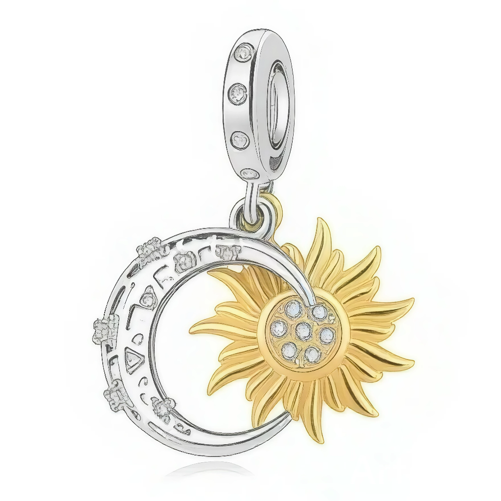 Ce charm met en scène un soleil doré rayonnant en argent 925 coloré, superposé à un croissant de lune argenté gravé de petits symboles célestes pour une harmonie jour nuit pleine de poésie. La bélière sertie de cristaux clairs renforce l’éclat de l’ensemble, idéal pour symboliser équilibre, protection et cycle de la vie sur un bracelet ou un collier.

Caractéristiques :

- Matière : Argent 925 avec finition dorée partielle et cristaux clairs
- Design : Soleil rayonnant derrière un croissant de lune orné de 