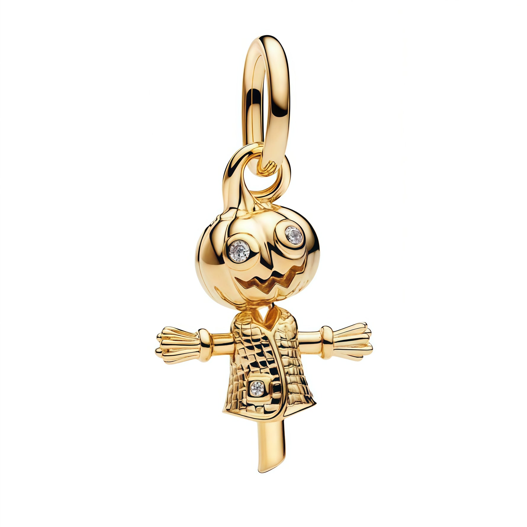 Charm pendentif original en forme d’épouvantail, avec une finition dorée brillante et des détails finement travaillés. Son design à la fois ludique et légèrement mystérieux en fait un bijou unique, parfait pour ajouter du caractère à votre bracelet.

Caractéristiques :

- Matière : Argent 925 (finition dorée).
- Design : Épouvantail stylisé avec détails texturés et pierres scintillantes.
- Style : Original, fun et légèrement spooky.
- Symbolique : Protection, mystère, saison d’automne et originalité.
- Comp