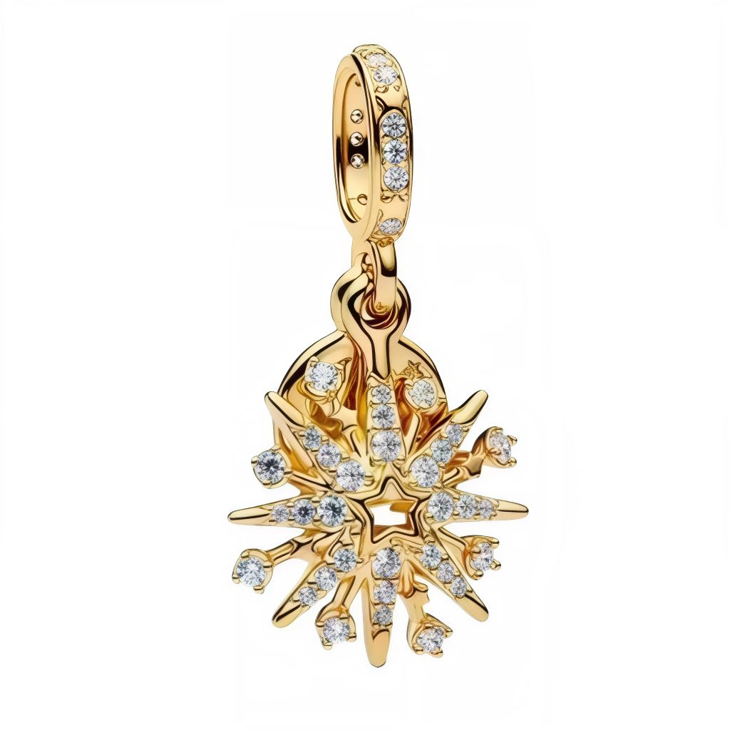 Ce charm captivant en forme d’étoile éclatante arbore une finition dorée éclatante avec un anneau supérieur pavé de minuscules pierres scintillantes pour une accroche irrésistible. Au cœur, une étoile aux rayons effilés déborde de cristaux ronds étincelants, créant un effet d’explosion lumineuse et multidimensionnel. Il incarne l’énergie cosmique et la brillance festive, idéal pour illuminer un bracelet ou un collier avec une touche d’éclat stellaire.

Caractéristiques :

Matière : Argent 925 (S925) avec fi