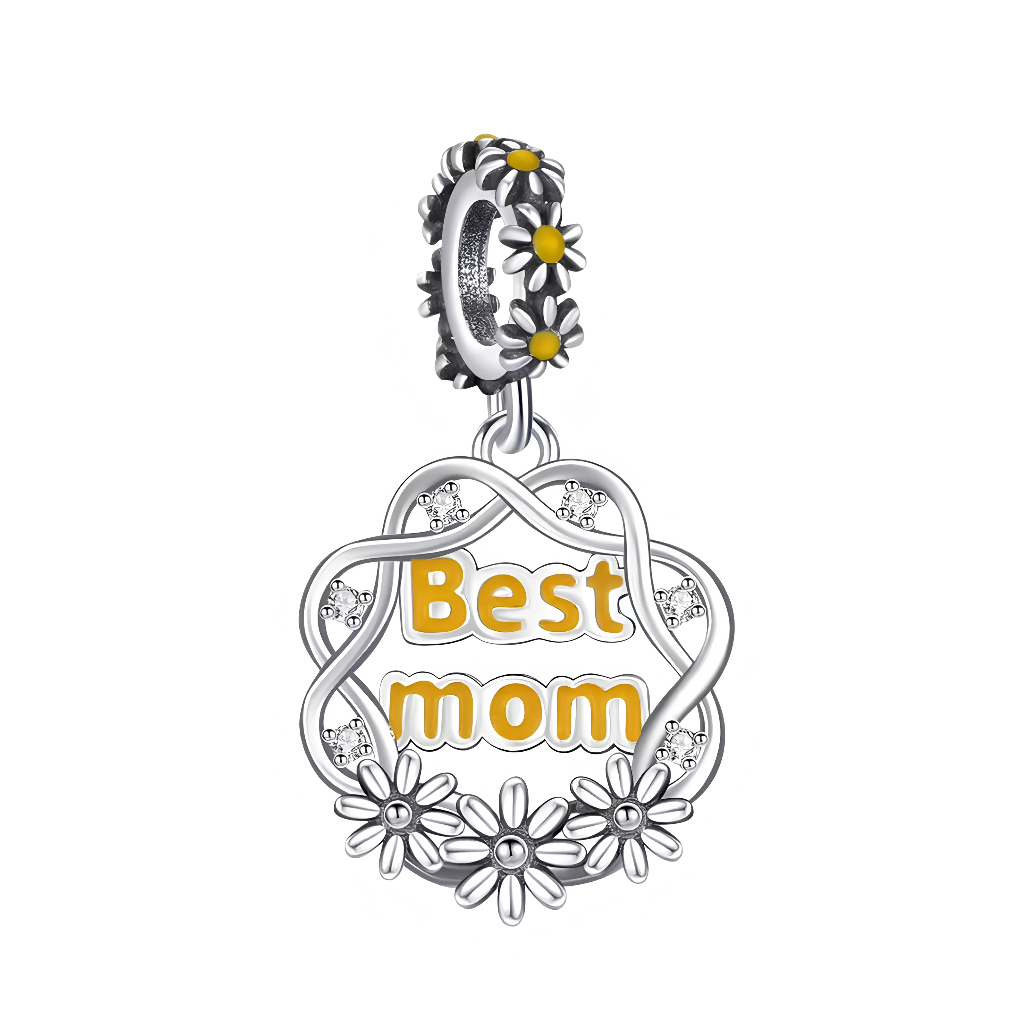 Ce charm pendentif&nbsp;adorateur&nbsp;honore les super mamans avec un cœur ajouré en argent sterling ciselé, rempli d’enamel jaune “BEST MOM” en lettres bold, entouré de marguerites jaunes enamel aux centres strassés évoquant innocence et pureté printanière. La tresse fine et les fleurs délicates ajoutent romantisme floral, suspendu à un anneau lisse poinçonné « S925 » pour un balancement gracieux. Hypoallergénique et durable, parfait pour Fête des Mères, anniversaires ou bracelet familial sentimental. Idé