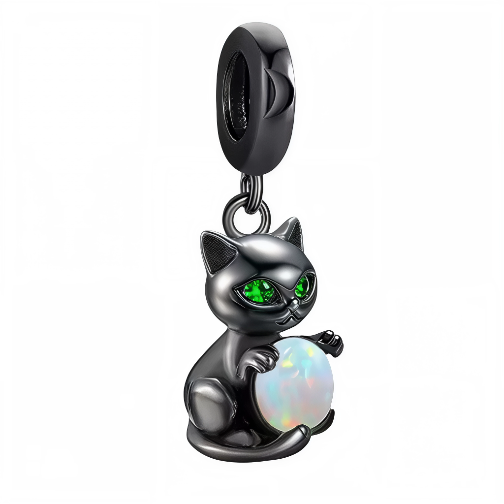 Ce charm pendentif en argent 925 pur présente un chat assis aux yeux émeraude hypnotiques tenant boule opale irisée magique. Il évoque mystère divination et sortilèges lunaires.

Caractéristiques

Matière : Argent 925 zircons verts opale.
Design : Chat assis dynamique anneau supérieur.
Compatibilité : Pendentif pour bracelets colliers européens.