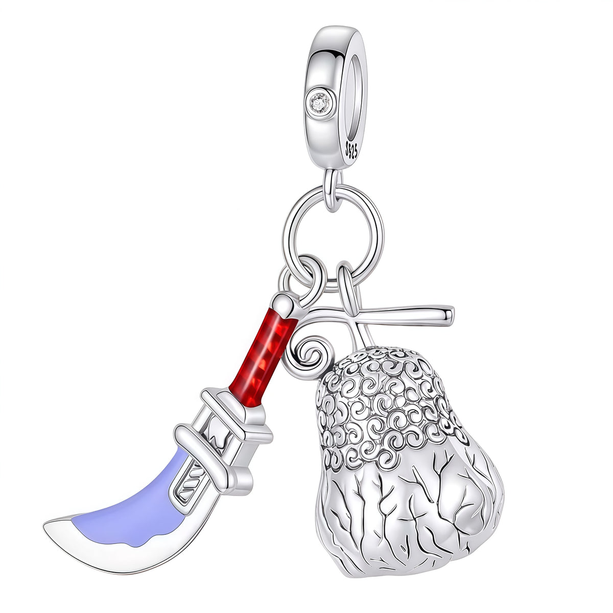 Charm pendentif inspiré de l’univers de One Piece, avec un motif représentant un lame courbée bleu lavande, une poignée rouge et un fruit du démon argenté décoré de motifs en spirale. Finement travaillé en argent 925 avec des détails colorés et brillants, ce modèle offre un rendu original et reconnaissable pour les passionnés de la série.

Caractéristiques :
Matière : Argent 925 avec détails colorés et brillants.
Design : Serpe à poignée rouge, lame courbée bleu lavande et fruit du démon à motifs spiralés.
