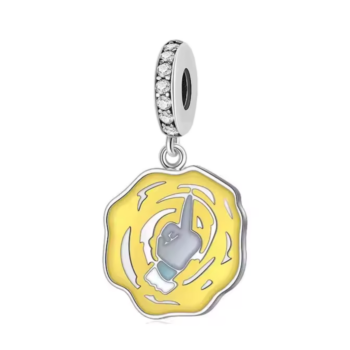 Sortez des sentiers battus (et de votre dimension) avec ce charm pendentif en argent 925 illustrant un portail interdimensionnel vert vif, d’où émerge le bras de Rick… vous gratifiant de son fameux doigt d’honneur. Une pièce provocante, fidèle à l’attitude désinvolte, cynique et totalement badass de Rick Sanchez.