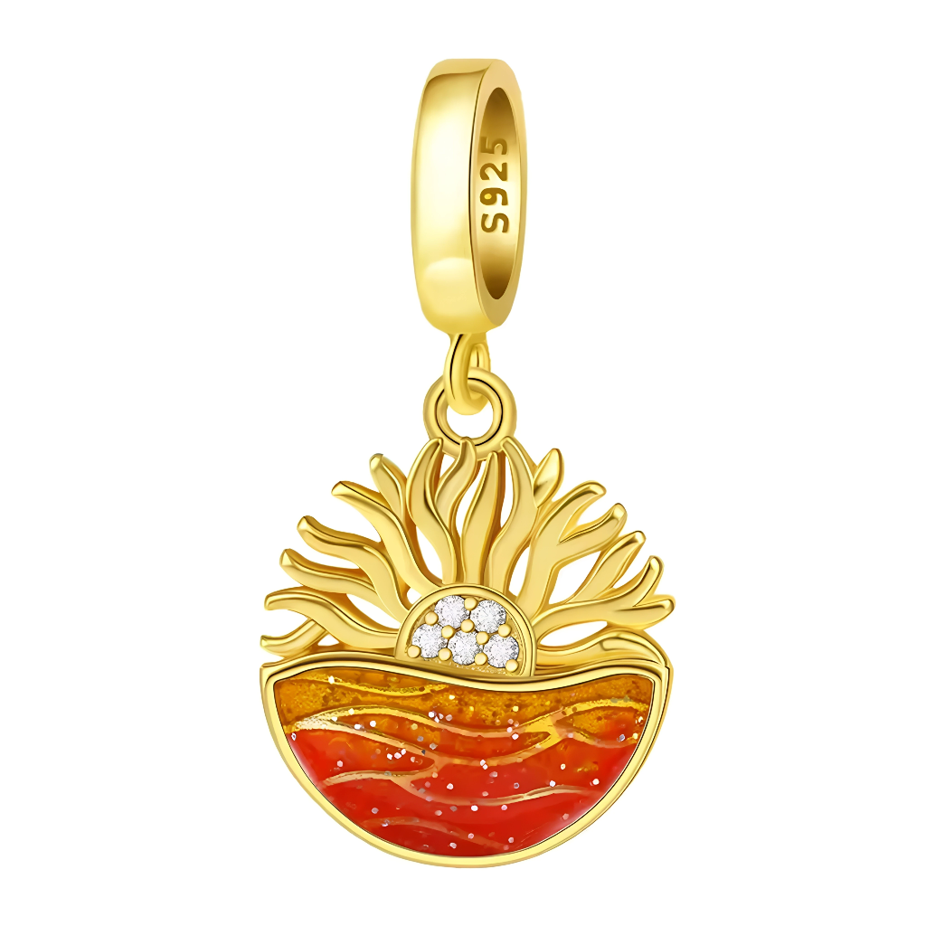 Ce charm demi-lune en argent 925 capture soleil flamboyant rayons dorés, base dégradé orange-rouge évoquant vagues étincelantes zircons blancs. Symbole renouveau énergie positive horizon serein.

Caractéristiques

Matière : Argent 925 émail dégradé zircone.
Design : Forme organique dynamique vagues texturées.
Compatibilité : Bracelets colliers thèmes nature zen.