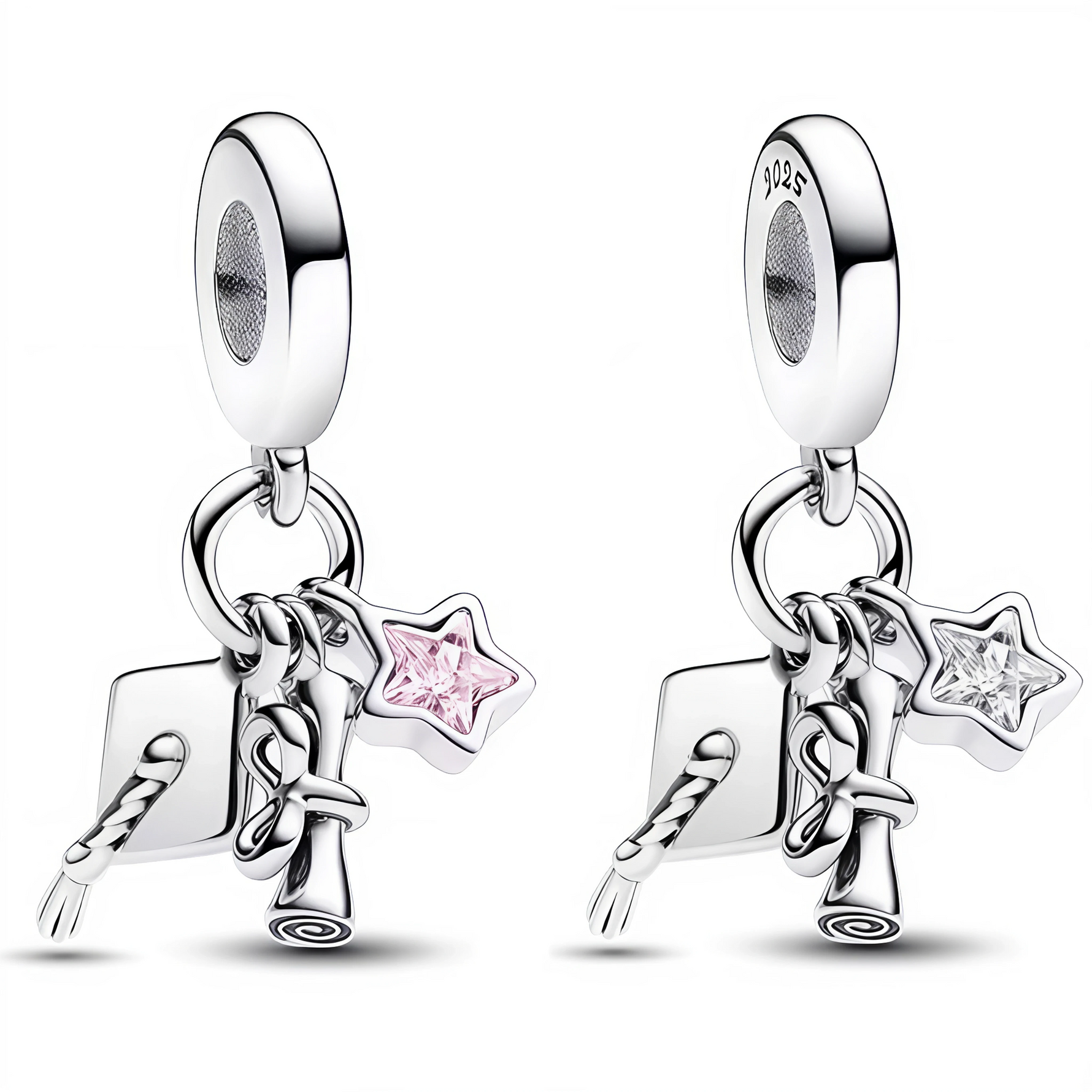 Exprimez la réussite et la sagesse avec ce charm pendentif unique composé de trois charms suspendus : un chapeau de diplômé, un hibou symbolisant la connaissance, et une petite étoile colorée. Disponible en deux versions, avec étoile rose ou blanche, ce bijou en argent 925 célèbre un parcours accompli avec élégance et délicatesse.