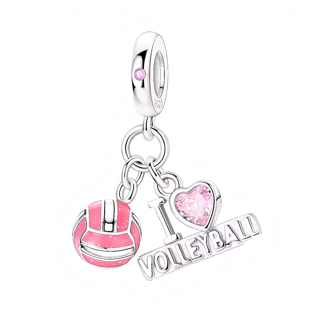 Ce charm pendentif&nbsp;énergique&nbsp;capture la passion du volleyball avec un ballon rose enamel strié réaliste, un cœur strassé rose et “I ♥ VOLLEYBALL” en lettres bold 3D, évoquant sauts smash, esprit d’équipe et plages ensoleillées. Suspendu à un anneau lisse en argent sterling poinçonné « S925 », il vibre au rythme des matchs sur les bracelets, parfait pour volleyeuses, fans JO ou clubs amateurs. Hypoallergénique et résistant, idéal pour championnats ou entraînements hebdo.