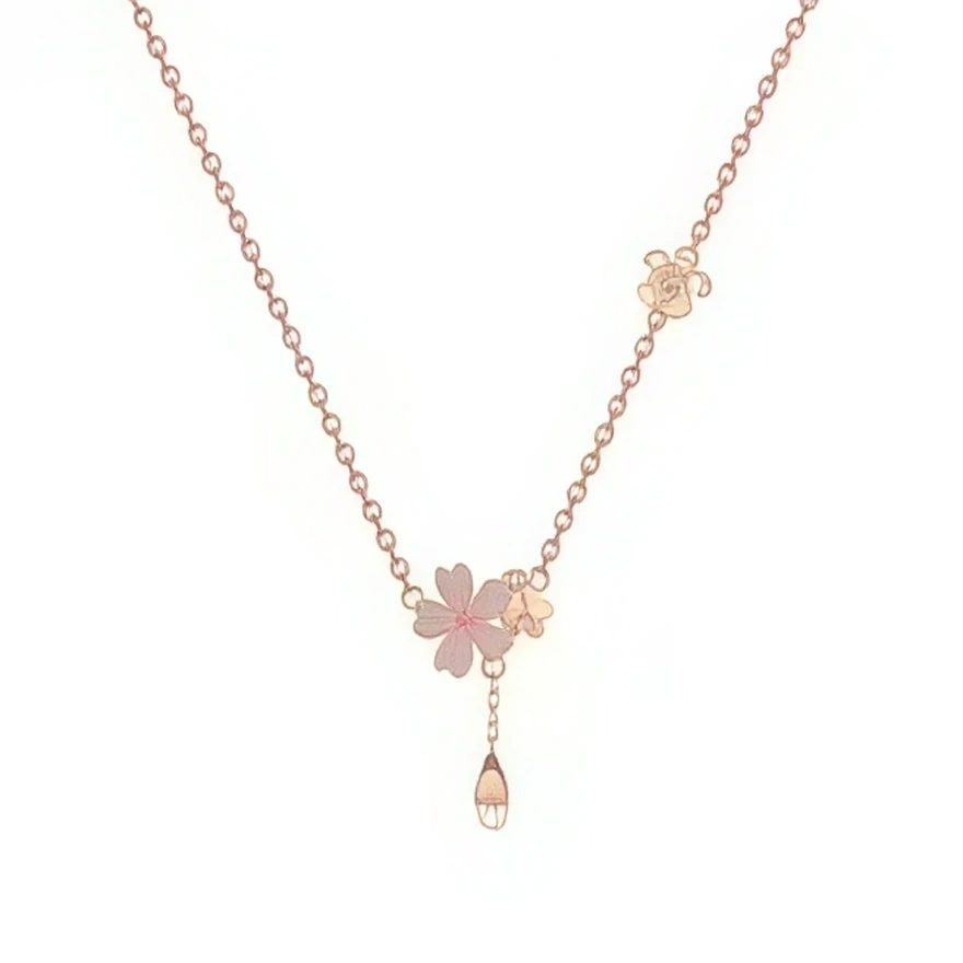 Ce collier en métal doré rose met en scène un petit bouquet de fleurs de cerisier, avec une grande fleur centrale émaillée dans un rose tendre et une petite fleur dorée à ses côtés pour un effet délicat et printanier. Sous le motif floral, une fine chaînette se termine par une goutte allongée décorative, tandis qu’une rose stylisée est incrustée plus haut sur la chaîne pour apporter une touche romantique supplémentaire.

Caractéristiques :

-Matière : Métal doré rose avec émail rose.
-Design : Duo de fleurs