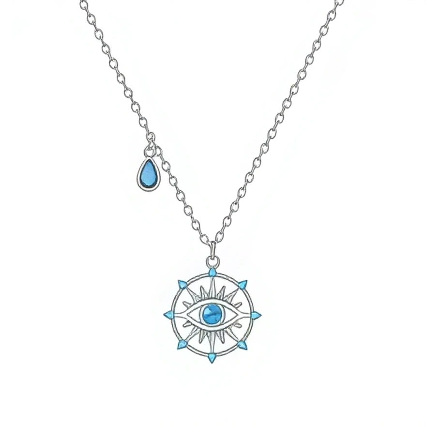 Ce collier en métal argenté présente un pendentif rond façon talisman, orné en son centre d’un œil protecteur bleu entouré de rayons solaires et de petits triangles émaillés bleu vif sur le pourtour. Une délicate goutte bleue pend le long de la chaîne fine à maillons ovales, créant un joli mouvement et renforçant l’esprit mystique et protecteur du bijou.

Caractéristiques :

-Matière : Métal argenté avec émaux bleus et cristal
-Design : Médaillon œil protecteur cerclé de rayons et de pointes colorées, agrém