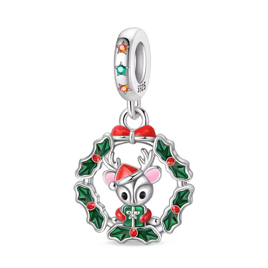 Charm Pendentif - Couronne de Noël avec Cerf et Cadeau
