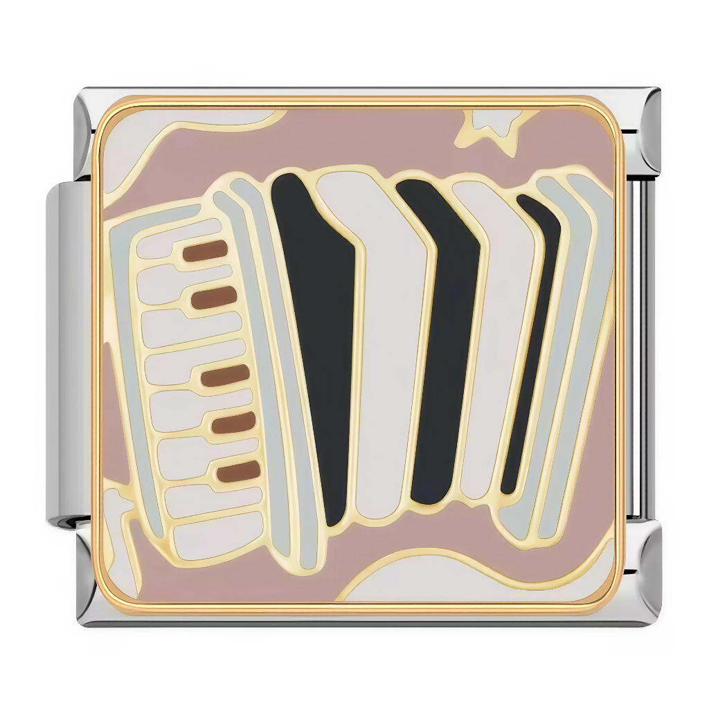 Ce charm italien met en scène un accordéon noir avec clavier et soufflet étendu, orné d'une étoile jaune festive sur fond rose poudré texturé. Parfait pour les musiciens folk ou fans d'accordéon qui veulent une note joyeuse et traditionnelle sur leur bracelet à charms italien.