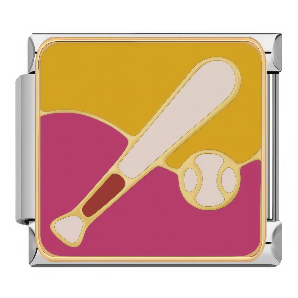 Ce charm italien présente une&nbsp;batte de baseball blanche inclinée au-dessus d’une balle, sur un fond jaune-orangé avec touches roses évoquant un terrain. Ce motif sportif est parfait pour les fans de baseball qui veulent afficher leur passion sur un bracelet à charms italien.