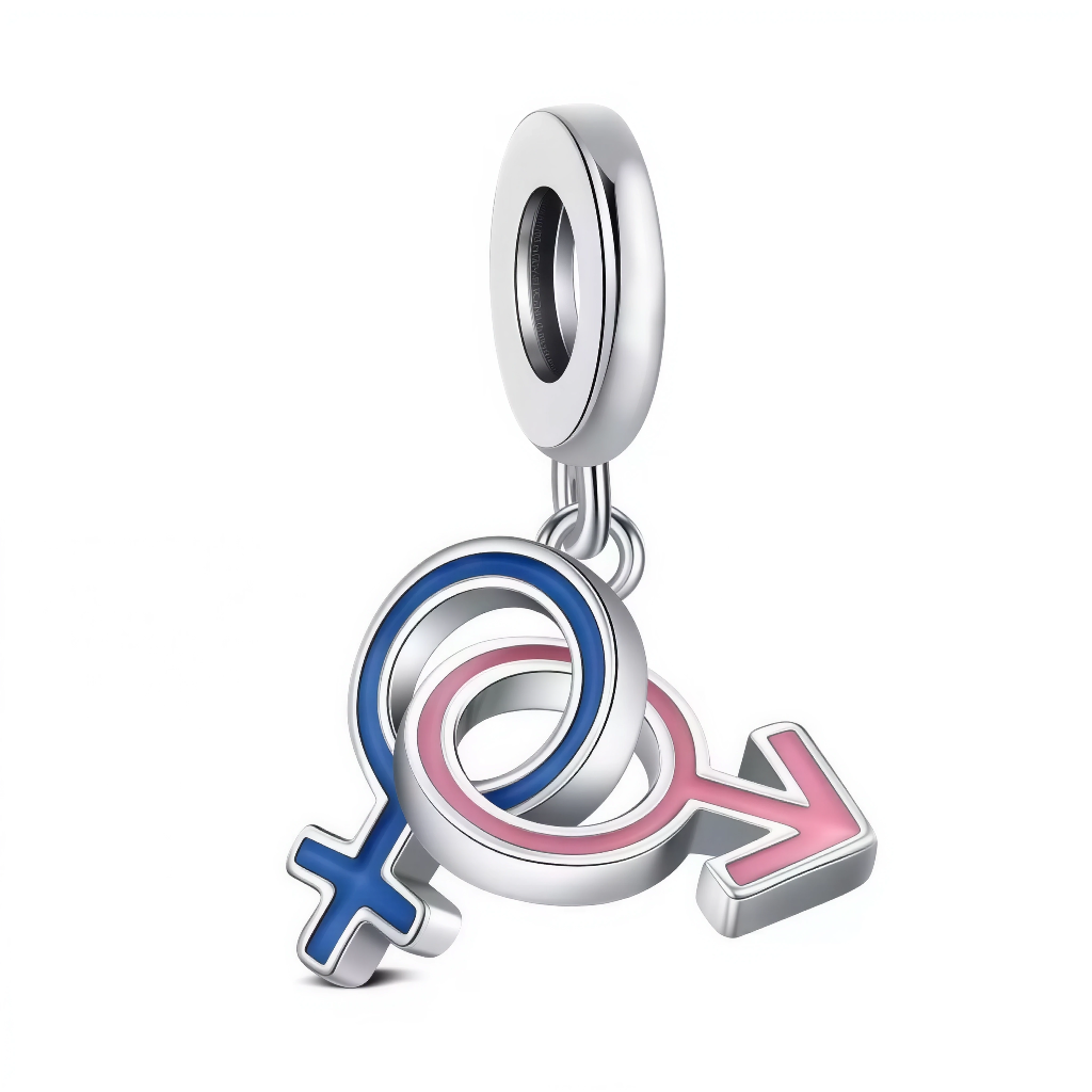 Charm Pendentif – Symbole Genre Homme et Femme Entrelacés Bleu Rose