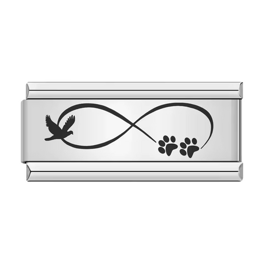 Charm Italien Long Argenté – Signe Infini avec Colombe et Empreintes de Pattes