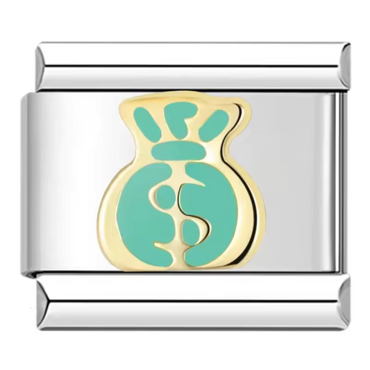 Ce charm italien doré représente un sac de dollars vert, symbole de prospérité et de chance. Fabriqué en acier inoxydable de haute qualité avec une finition dorée élégante et des détails verts éclatants, il allie robustesse et raffinement. Il se fixe facilement à nos bracelets composés de 17 maillons de charms, qui s’étendent et se contractent pour s’adapter parfaitement à la taille de votre poignet. Tous nos charms italiens sont compatibles entre eux, vous permettant de personnaliser votre bracelet en ajou